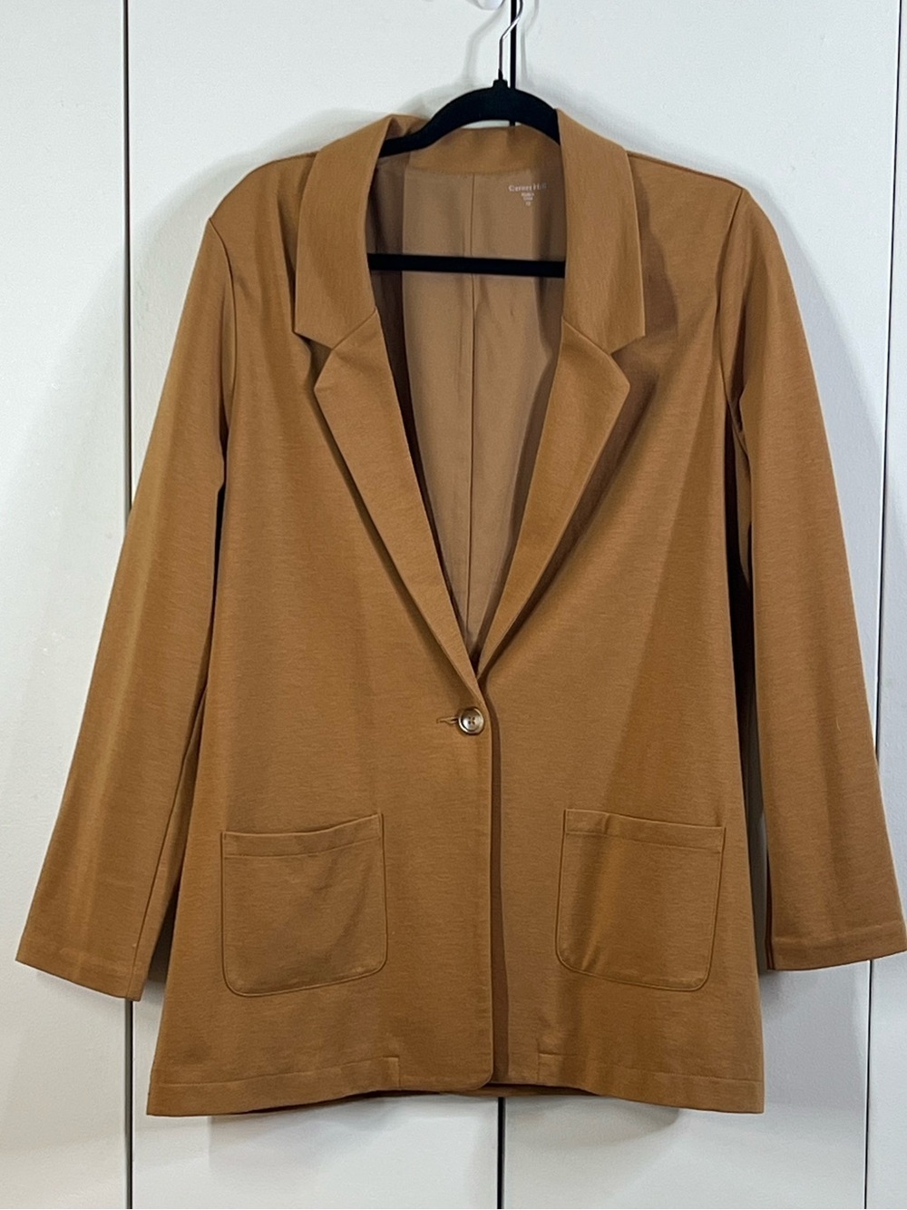 Garnet Hill size 12 Camel Knit Blazer Jacket One Button Stretch Career Layer